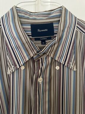 Faconnable Men’s Vertical Stripe Dress Shirt — Brown, Blue & Cream Size XL